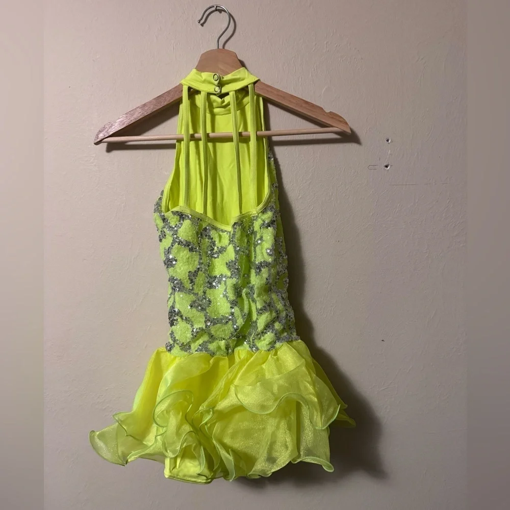 Weissman Electric Love 8634 chartreuse tutu unitard sequins Size Large Child